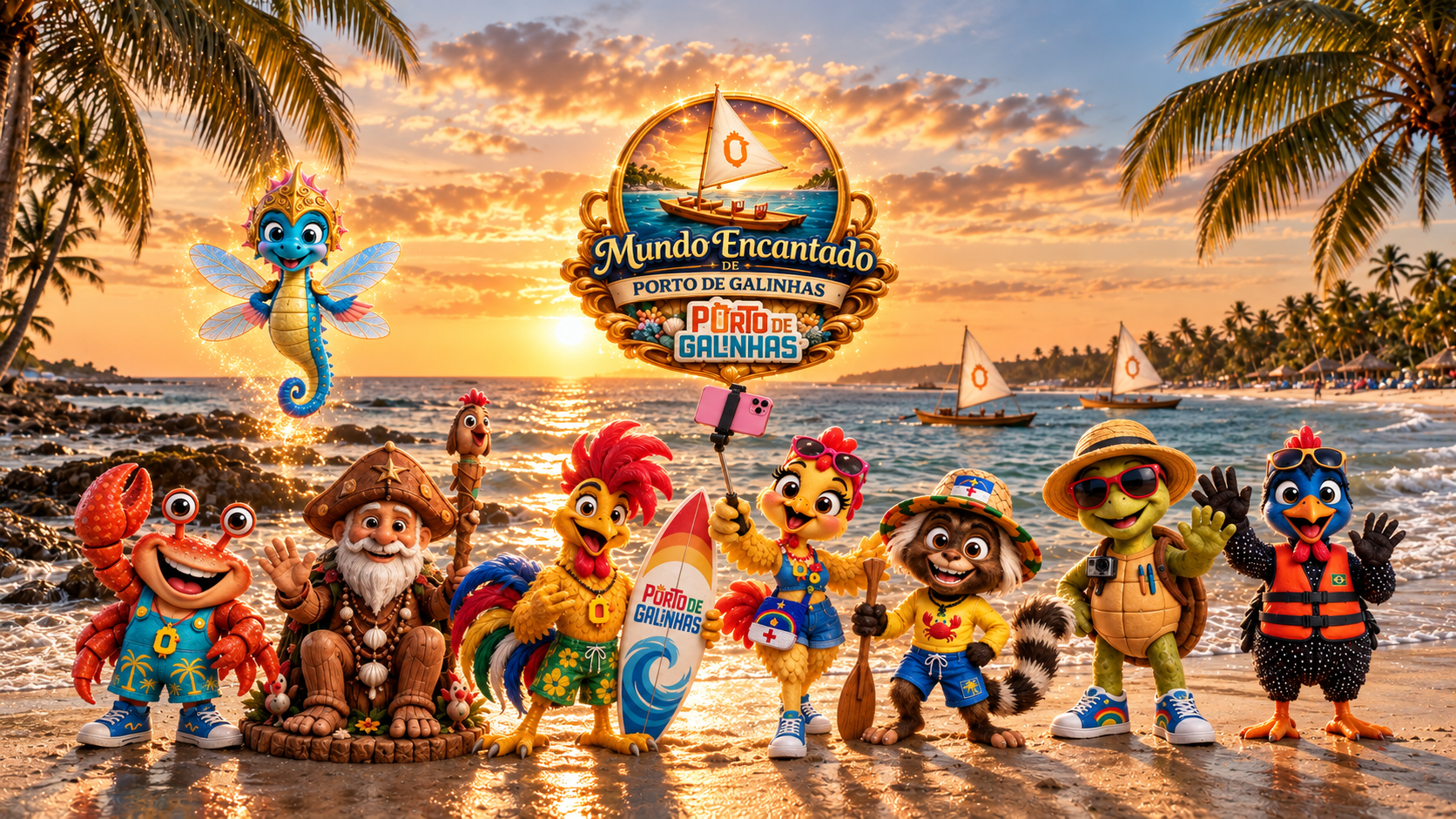 A turma completa do Porto Encantado com sua logo, reunida na praia ao pôr do sol: Manguito, Mestre Aruá, Juca, Galinda, Piúba, Tuga, Luanda e Osmar